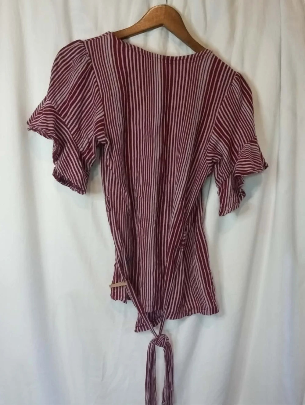 Free People Striped Wrap V-Neck Short Ruffle Sleeve Shirt Burgundy Red White